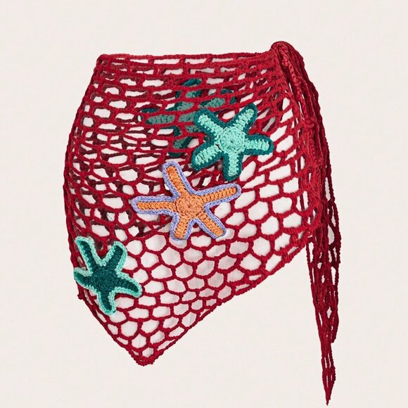 Red Women's Swim Sexy Crochet Hollow Out Starfish Pattern Beach Cover Up - Picture 2 of 7